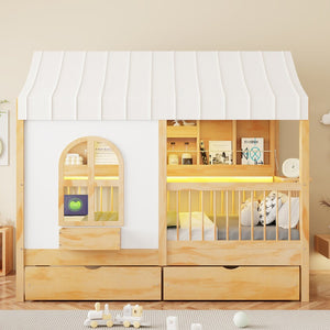 English Elm Full Size Kids House Bed with Storage Drawers Bookshelf Led Lighting Espresso Natural LP000372AAN