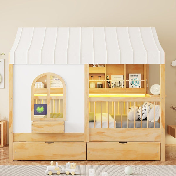 English Elm Full Size Kids House Bed with Storage Drawers Bookshelf Led Lighting Espresso Natural LP000372AAN