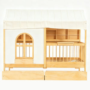 English Elm Full Size Kids House Bed with Storage Drawers Bookshelf Led Lighting Espresso Natural LP000372AAN