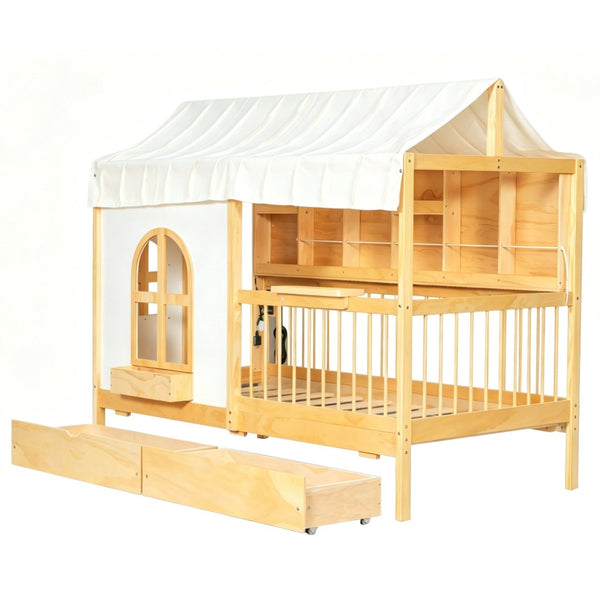 English Elm Full Size Kids House Bed with Storage Drawers Bookshelf Led Lighting Espresso Natural LP000372AAN