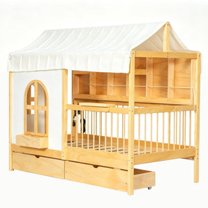 English Elm Full Size Kids House Bed with Storage Drawers Bookshelf Led Lighting Espresso Natural LP000372AAN