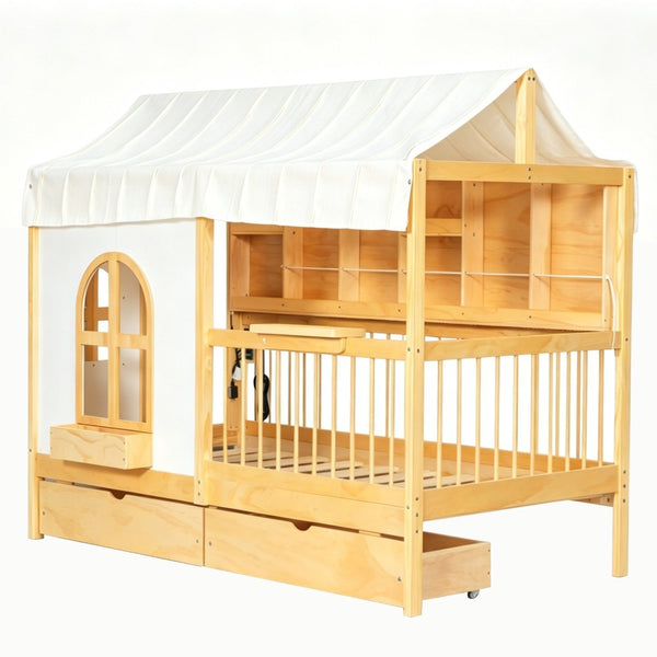 English Elm Full Size Kids House Bed with Storage Drawers Bookshelf Led Lighting Espresso Natural LP000372AAN