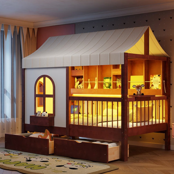 English Elm Full Size Kids House Bed with Storage Drawers Bookshelf Led Lighting Espresso Espresso LP000372AAP