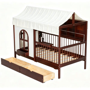 English Elm Full Size Kids House Bed with Storage Drawers Bookshelf Led Lighting Espresso Espresso LP000372AAP