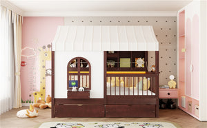 English Elm Full Size Kids House Bed with Storage Drawers Bookshelf Led Lighting Espresso Espresso LP000372AAP