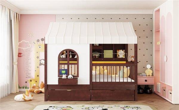 English Elm Full Size Kids House Bed with Storage Drawers Bookshelf Led Lighting Espresso Espresso LP000372AAP