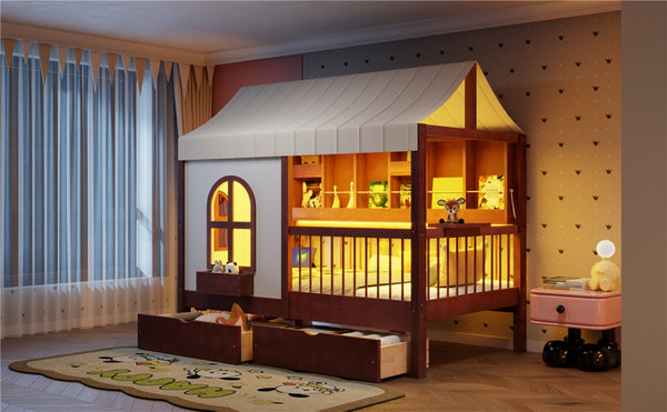 English Elm Full Size Kids House Bed with Storage Drawers Bookshelf Led Lighting Espresso Espresso LP000372AAP