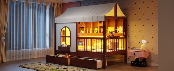 English Elm Full Size Kids House Bed with Storage Drawers Bookshelf Led Lighting Espresso Espresso LP000372AAP
