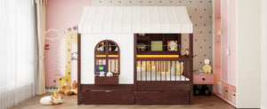English Elm Full Size Kids House Bed with Storage Drawers Bookshelf Led Lighting Espresso Espresso LP000372AAP