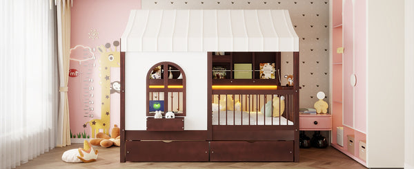 English Elm Full Size Kids House Bed with Storage Drawers Bookshelf Led Lighting Espresso Espresso LP000372AAP