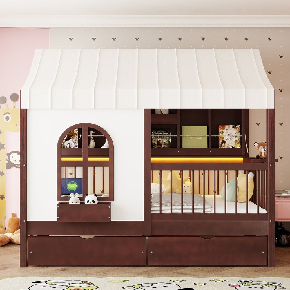 English Elm Full Size Kids House Bed with Storage Drawers Bookshelf Led Lighting Espresso Espresso LP000372AAP