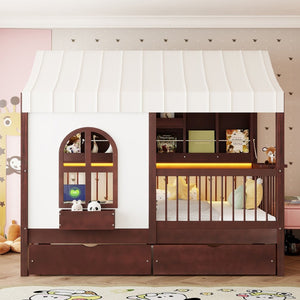 English Elm Full Size Kids House Bed with Storage Drawers Bookshelf Led Lighting Espresso Espresso LP000372AAP