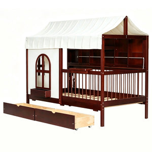 English Elm Full Size Kids House Bed with Storage Drawers Bookshelf Led Lighting Espresso Espresso LP000372AAP