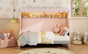 English Elm Twin Xl Pine House Bed with Plaid Tent Led Strip Shelf and Pull Out Trundle Gray LP000377AAE