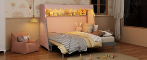 English Elm Twin Xl Pine House Bed with Plaid Tent Led Strip Shelf and Pull Out Trundle Gray LP000377AAE