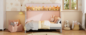 English Elm Twin Xl Pine House Bed with Plaid Tent Led Strip Shelf and Pull Out Trundle Gray LP000377AAE