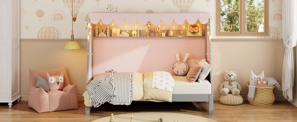 English Elm Twin Xl Pine House Bed with Plaid Tent Led Strip Shelf and Pull Out Trundle Gray LP000377AAE