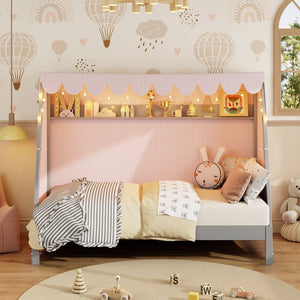English Elm Twin Xl Pine House Bed with Plaid Tent Led Strip Shelf and Pull Out Trundle Gray LP000377AAE