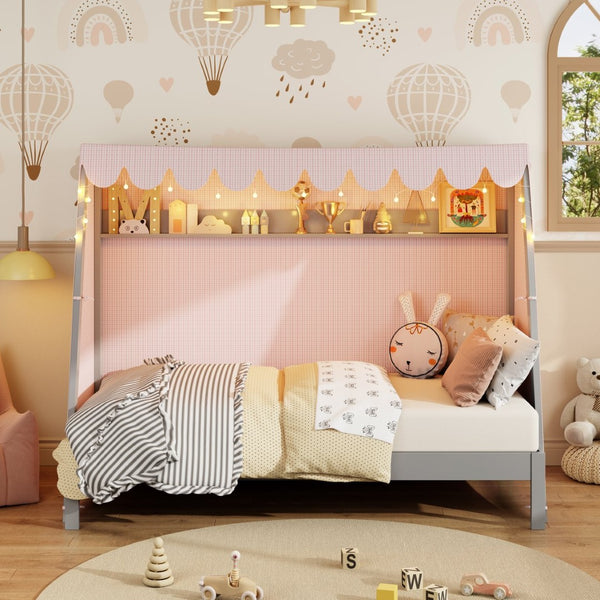 English Elm Twin Xl Pine House Bed with Plaid Tent Led Strip Shelf and Pull Out Trundle Gray LP000377AAE