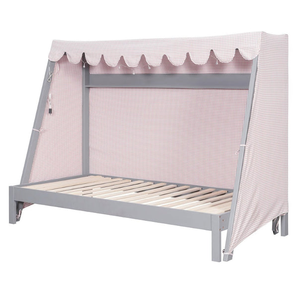 English Elm Twin Xl Pine House Bed with Plaid Tent Led Strip Shelf and Pull Out Trundle Gray LP000377AAE