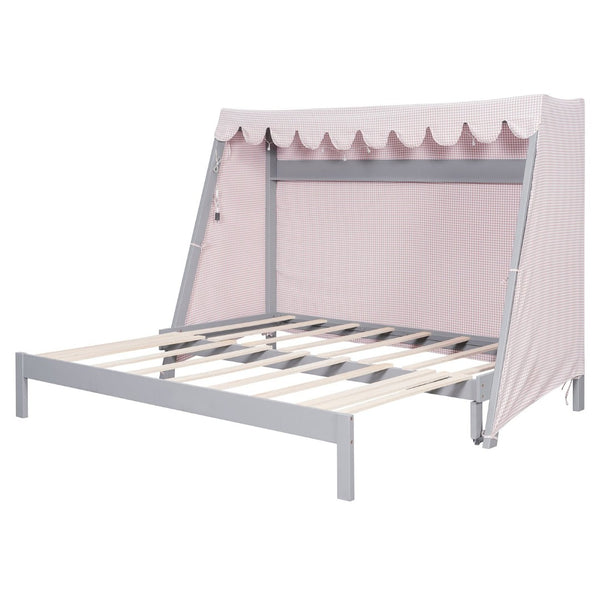 English Elm Twin Xl Pine House Bed with Plaid Tent Led Strip Shelf and Pull Out Trundle Gray LP000377AAE