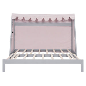 English Elm Twin Xl Pine House Bed with Plaid Tent Led Strip Shelf and Pull Out Trundle Gray LP000377AAE