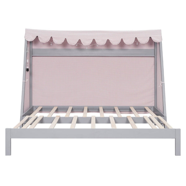 English Elm Twin Xl Pine House Bed with Plaid Tent Led Strip Shelf and Pull Out Trundle Gray LP000377AAE