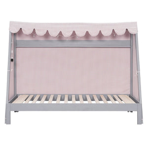 English Elm Twin Xl Pine House Bed with Plaid Tent Led Strip Shelf and Pull Out Trundle Gray LP000377AAE