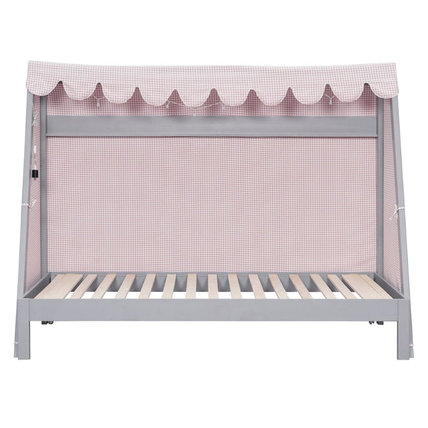 English Elm Twin Xl Pine House Bed with Plaid Tent Led Strip Shelf and Pull Out Trundle Gray LP000377AAE