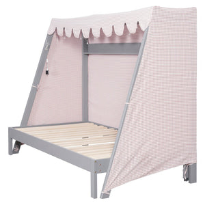 English Elm Twin Xl Pine House Bed with Plaid Tent Led Strip Shelf and Pull Out Trundle Gray LP000377AAE
