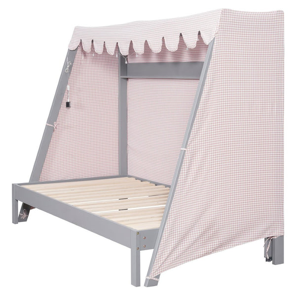 English Elm Twin Xl Pine House Bed with Plaid Tent Led Strip Shelf and Pull Out Trundle Gray LP000377AAE