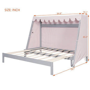 English Elm Twin Xl Pine House Bed with Plaid Tent Led Strip Shelf and Pull Out Trundle Gray LP000377AAE