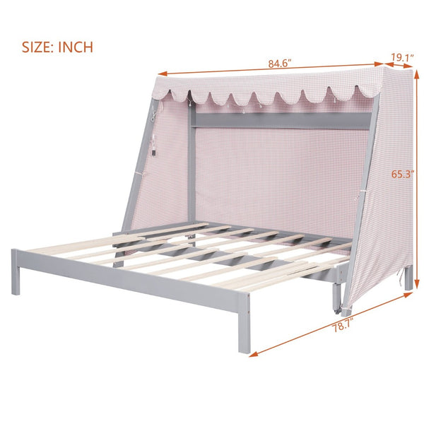 English Elm Twin Xl Pine House Bed with Plaid Tent Led Strip Shelf and Pull Out Trundle Gray LP000377AAE