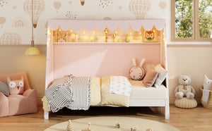 English Elm Twin Xl Pine House Bed with Plaid Tent Led Strip Shelf and Pull Out Trundle White LP000377AAK