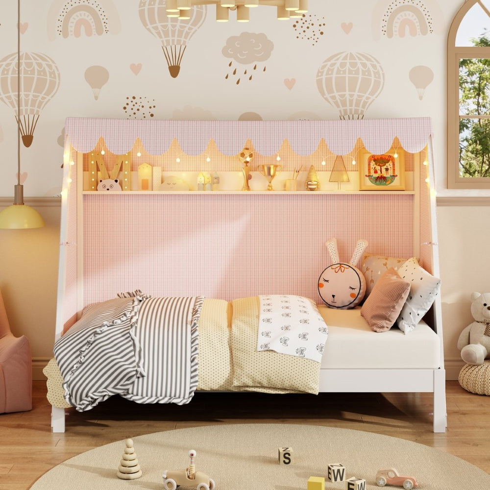 English Elm Twin Xl Pine House Bed with Plaid Tent Led Strip Shelf and Pull Out Trundle White LP000377AAK