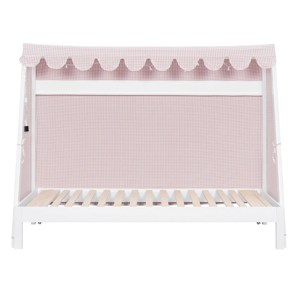 English Elm Twin Xl Pine House Bed with Plaid Tent Led Strip Shelf and Pull Out Trundle White LP000377AAK