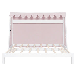 English Elm Twin Xl Pine House Bed with Plaid Tent Led Strip Shelf and Pull Out Trundle White LP000377AAK
