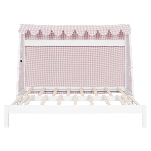 English Elm Twin Xl Pine House Bed with Plaid Tent Led Strip Shelf and Pull Out Trundle White LP000377AAK