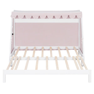 English Elm Twin Xl Pine House Bed with Plaid Tent Led Strip Shelf and Pull Out Trundle White LP000377AAK