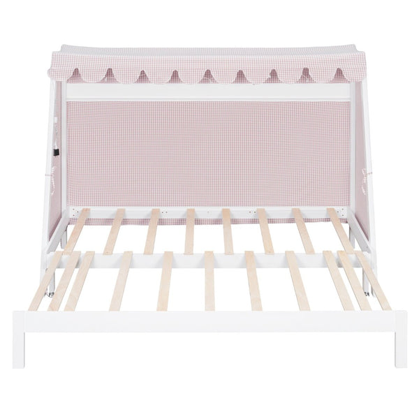 English Elm Twin Xl Pine House Bed with Plaid Tent Led Strip Shelf and Pull Out Trundle White LP000377AAK