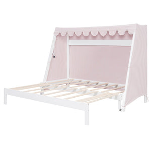 English Elm Twin Xl Pine House Bed with Plaid Tent Led Strip Shelf and Pull Out Trundle White LP000377AAK
