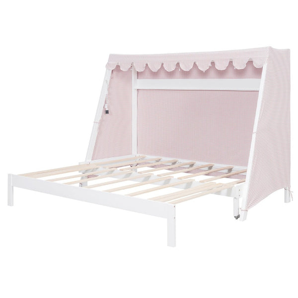 English Elm Twin Xl Pine House Bed with Plaid Tent Led Strip Shelf and Pull Out Trundle White LP000377AAK