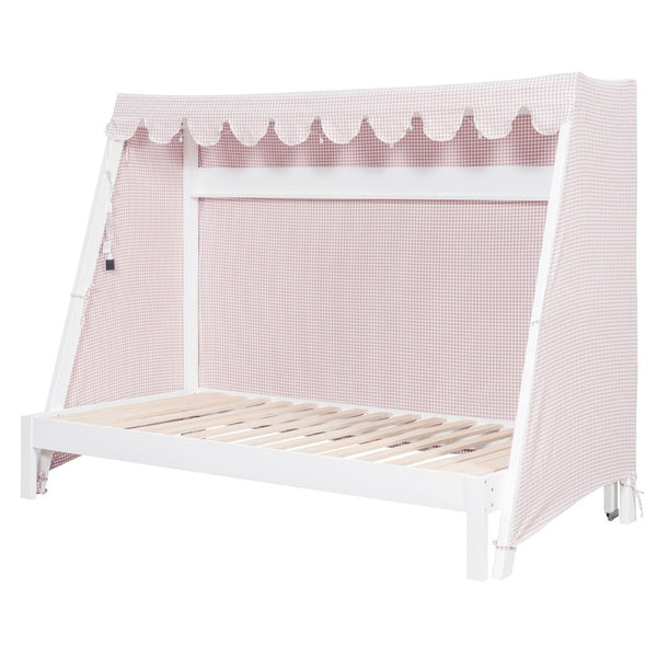 English Elm Twin Xl Pine House Bed with Plaid Tent Led Strip Shelf and Pull Out Trundle White LP000377AAK