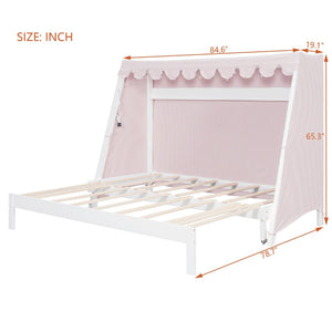English Elm Twin Xl Pine House Bed with Plaid Tent Led Strip Shelf and Pull Out Trundle White LP000377AAK