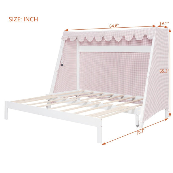 English Elm Twin Xl Pine House Bed with Plaid Tent Led Strip Shelf and Pull Out Trundle White LP000377AAK