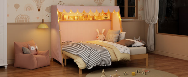 English Elm Twin Xl Pine House Bed with Plaid Tent Led Strip Shelf and Pull Out Trundle Natural LP000377AAL
