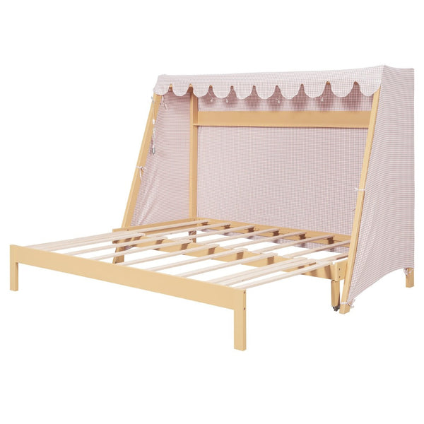 English Elm Twin Xl Pine House Bed with Plaid Tent Led Strip Shelf and Pull Out Trundle Natural LP000377AAL