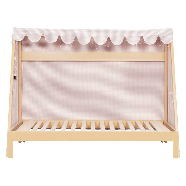 English Elm Twin Xl Pine House Bed with Plaid Tent Led Strip Shelf and Pull Out Trundle Natural LP000377AAL