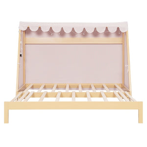 English Elm Twin Xl Pine House Bed with Plaid Tent Led Strip Shelf and Pull Out Trundle Natural LP000377AAL