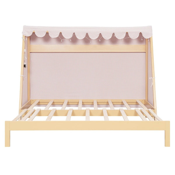 English Elm Twin Xl Pine House Bed with Plaid Tent Led Strip Shelf and Pull Out Trundle Natural LP000377AAL